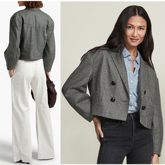 NWT VERONICA BEARD Wool Houndstooth Double Breasted Puff Sleeves Crop Blazer 12 - Picture 2 of 14